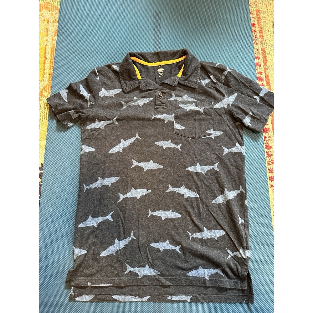 Old Navy Kids Boys Navy Blue Shark Print Pattern Polo Short Sleeve Shirt XXL 18
